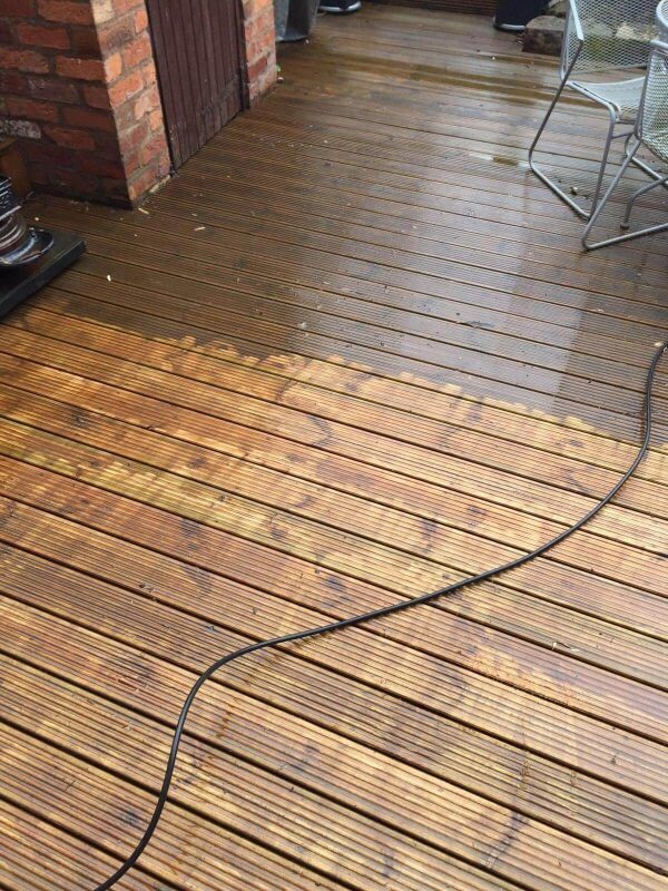 timber decking patio before and after pressure washing